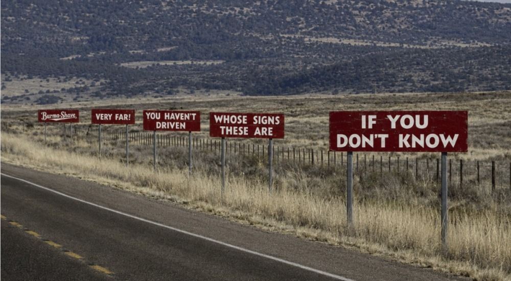 TheMediaShower's tweet photo. The Burma-Shave campaign ran ~40 years, rhyming billboards across 45 states.

It's also the same format behind every LinkedIn carousel you've swiped this week.

Some classic Burma-Shave signs, and what today's marketers can still learn from them:
https://t.co/K1odATROVh https://t.co/kk1rBSsA6x