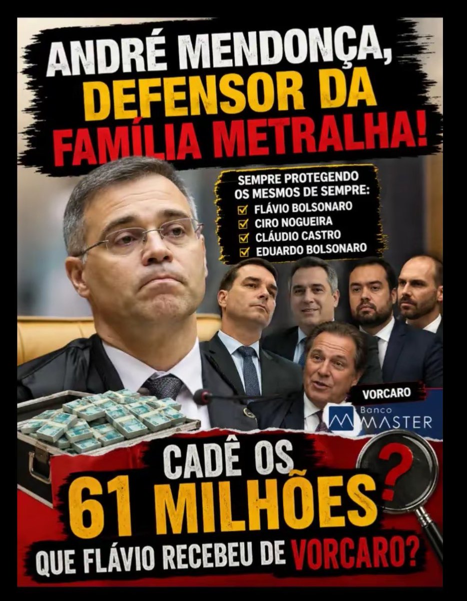 ElianiC4rvalhoo's tweet photo. A atuação seletiva do Ministro André Mendonça , que trata com rigor extremo um caso que tecnicamente não deveria estar no Supremo( Lulinha ) e com lentidão um caso que tem total competência para ser analisado, compromete a credibilidade da Justiça e reforça a percepção de que a lei é aplicada de forma desigual, conforme a conveniência política. Apesar de ser relator do "Caso Master", que envolve R$ 61 milhões, Mendonça não autorizou a quebra de sigilo de Flávio. Já no do Lulinha, chegou a cobrar publicamente a celeridade da PF, demonstrando pressa nas apurações.