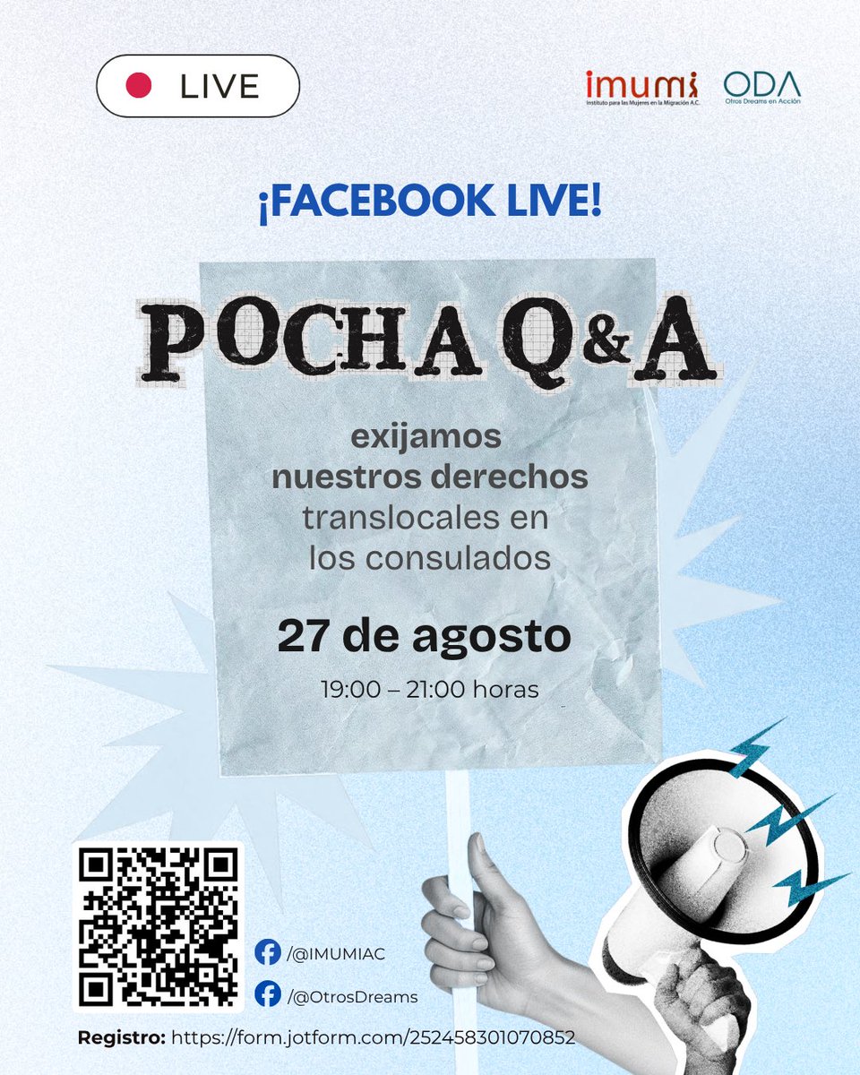 IMUMIDF's tweet photo. #FacebookLive #ServiciosEnConsulados
📣 #ODA invita al primer Q&A para solicitar tus derechos en el consulado. Un espacio en comunidad dirigido a liderazgos de organizaciones, colectivos y defensores de derechos para responder sus preguntas sobre qué servicios tienen los consulados y cómo exigirlos.
📅 27 agosto
🕖 7 pm
🔗 Regístrate 👇🏾