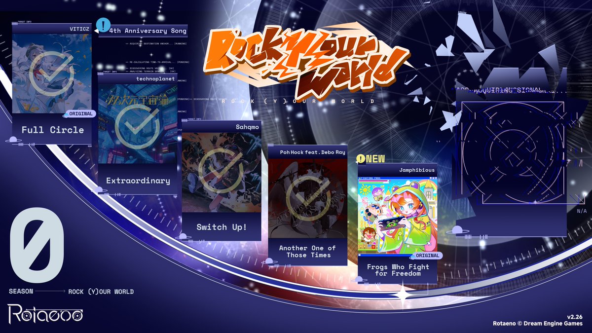 DreamEngineGame's tweet photo. 【Rotaeno Update Notice】
The Rotaeno × maimai でらっくす Collab Event is now officially here!
Pilots, Rotaeno V2.26 is now available.

【Update Details】
- The song pack “maimai でらっくす Collab” is now available.
- The version limited-time event is now open. Win S0 Voyage Levels, the pilot “Mika Yurisaki”, a limited avatar, and many other rewards.
- Star Voyage S0 “ROCK (Y)OUR WORLD” Voyage Level 5 song “Frogs Who Fight for Freedom” is now unlockable.
- New collectibles have been added to the Data Store.
- New pilot “Acid” arrives!
- New Special Pilot “Salt” makes her dazzling debut!
- The limited-time free download campaign for the base game is now underway on both platforms.

Please update the game to the latest version to enjoy the new content!