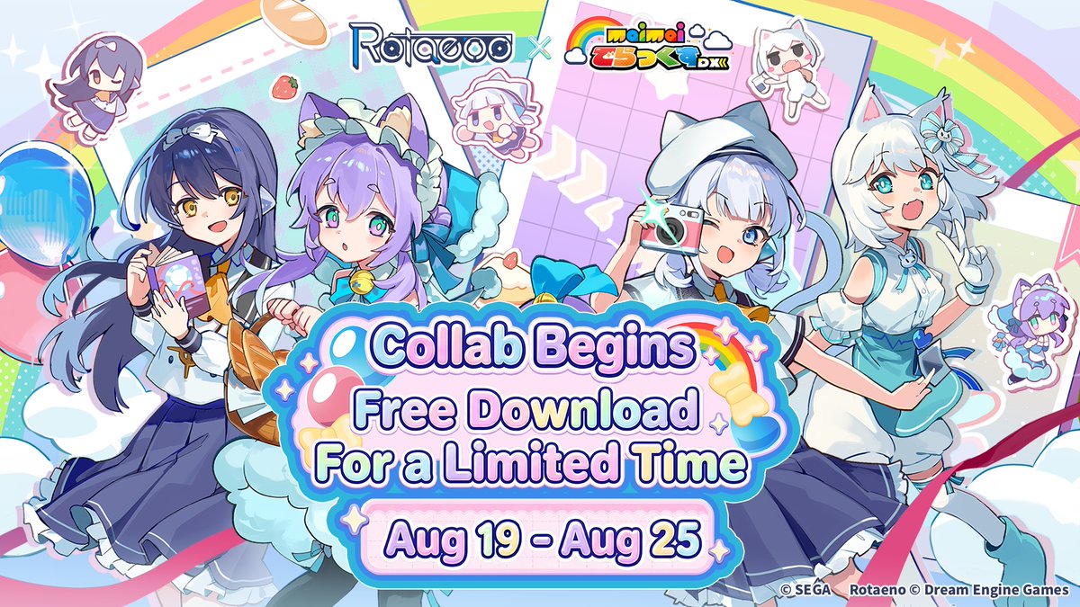 DreamEngineGame's tweet photo. 【Rotaeno Update Notice】
The Rotaeno × maimai でらっくす Collab Event is now officially here!
Pilots, Rotaeno V2.26 is now available.

【Update Details】
- The song pack “maimai でらっくす Collab” is now available.
- The version limited-time event is now open. Win S0 Voyage Levels, the pilot “Mika Yurisaki”, a limited avatar, and many other rewards.
- Star Voyage S0 “ROCK (Y)OUR WORLD” Voyage Level 5 song “Frogs Who Fight for Freedom” is now unlockable.
- New collectibles have been added to the Data Store.
- New pilot “Acid” arrives!
- New Special Pilot “Salt” makes her dazzling debut!
- The limited-time free download campaign for the base game is now underway on both platforms.

Please update the game to the latest version to enjoy the new content!