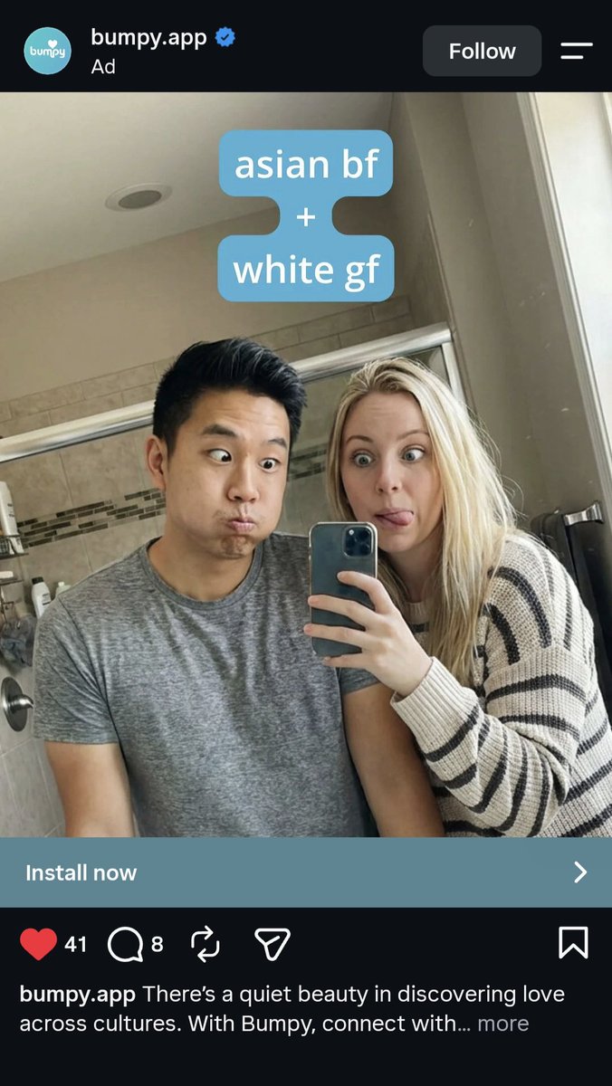 AmericaisAMXF's tweet photo. That dating app better encourage more asian bf + white gf because check @bumpy.app on IG instagram. #AMWF #AMXF #AsianguysWhitegirls https://t.co/be2VLF8672