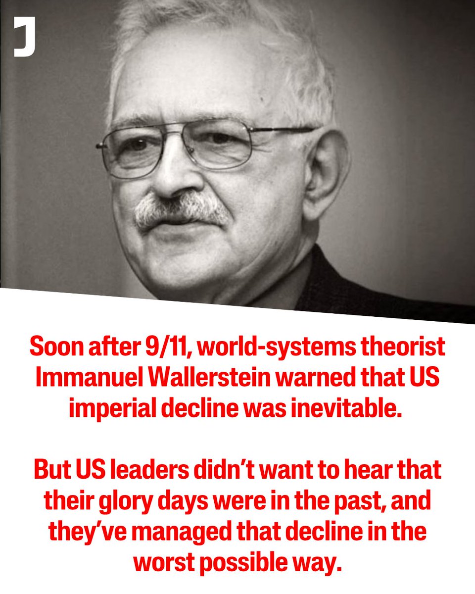 jacobin's tweet photo. Immanuel Wallerstein believed that the US could respond to imperial decline in two ways: by becoming a more progressive, egalitarian society, or by lurching toward neofascism.

It’s unfortunately clear which of these tendencies is more powerful today. https://t.co/C1JIj2QcKX https://t.co/mzoe74WtIi