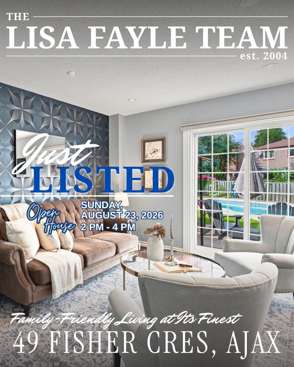 lisafayle's tweet photo. 💥JUST LISTED💥
📍49 Fisher Cres, Ajax📍
🎉 OPEN HOUSE AUGUST 23rd FROM 2-4 PM 🎉

✨ Comfort, Convenience & Summer Living All in One! ✨

Welcome to this inviting family home tucked away in a quiet, established neighbourhood! Featuring comfortable living spaces, a finished basement, and an incredible gas-heated inground pool, this home is made for relaxing, entertaining, and creating unforgettable family memories. 🌿🏡

🏠 Main Features:
• 3 Spacious Bedrooms & 2 Bathrooms
• Bright open-concept living & dining area
• Hardwood flooring & pot lights
• Sliding doors leading directly to the patio & backyard
• Spacious primary bedroom with walk-in closet
• Two additional bedrooms with generous closets & bright windows

🍽️ Kitchen Features:
• Stainless steel appliances
• New refrigerator & stove
• Tile flooring & backsplash
• Pot lighting
• Functional layout for everyday family living

🌿 Outdoor Oasis:
• Gas-heated inground pool 🏊
• New pool shed for equipment & accessory storage
• Private landscaped backyard
• Dedicated lounge chair pad beside the pool
• Patio perfect for summer entertaining

🏠 Finished Basement:
• Spacious recreation room with broadloom & pot lights
• 3-piece bathroom
• Open-concept office alcove with above-grade window
• Separate laundry area
• Convenient under-stair storage

📍 Location Highlights:
• Quiet, established family-friendly neighbourhood
• Close to schools & parks
• Near green spaces & walking areas
• Convenient access to everyday amenities

📸 CLICK LINK BELOW FOR MORE PICTURES!
https://t.co/iOHR2yLYJ9

Thinking of a Sale? Call Lisa Fayle 📲 905-655-9353
🏆 Durham Region’s #1 RE/MAX Agent!
#thelisafayleteam #durhamrealestate #durhamregion #bowmanville #courtice #oshawa #whitby #ajax #pickering #gtahomes #forsale #justlisted #inlawsuite #multigenerationalliving