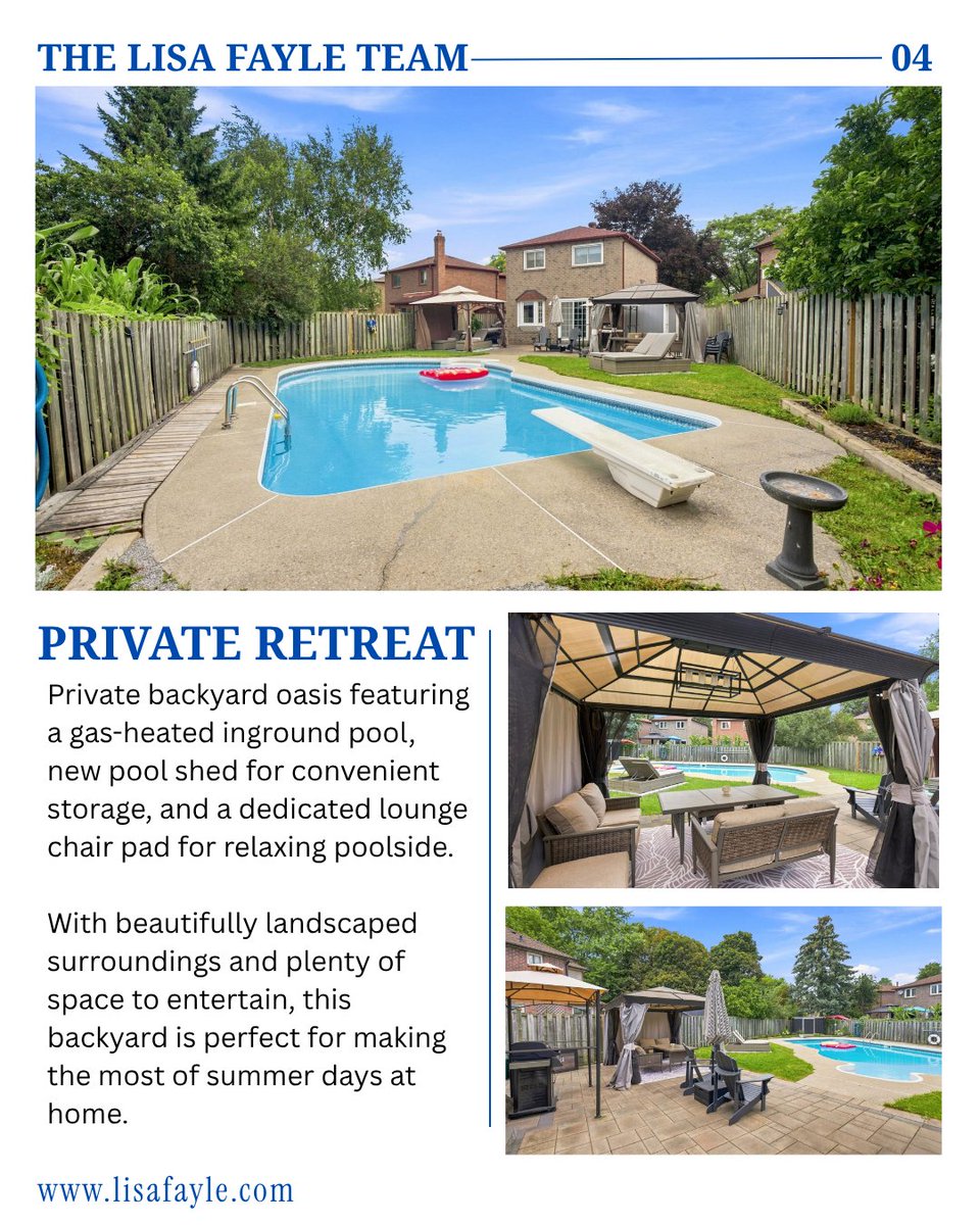 lisafayle's tweet photo. 💥JUST LISTED💥
📍49 Fisher Cres, Ajax📍
🎉 OPEN HOUSE AUGUST 23rd FROM 2-4 PM 🎉

✨ Comfort, Convenience & Summer Living All in One! ✨

Welcome to this inviting family home tucked away in a quiet, established neighbourhood! Featuring comfortable living spaces, a finished basement, and an incredible gas-heated inground pool, this home is made for relaxing, entertaining, and creating unforgettable family memories. 🌿🏡

🏠 Main Features:
• 3 Spacious Bedrooms & 2 Bathrooms
• Bright open-concept living & dining area
• Hardwood flooring & pot lights
• Sliding doors leading directly to the patio & backyard
• Spacious primary bedroom with walk-in closet
• Two additional bedrooms with generous closets & bright windows

🍽️ Kitchen Features:
• Stainless steel appliances
• New refrigerator & stove
• Tile flooring & backsplash
• Pot lighting
• Functional layout for everyday family living

🌿 Outdoor Oasis:
• Gas-heated inground pool 🏊
• New pool shed for equipment & accessory storage
• Private landscaped backyard
• Dedicated lounge chair pad beside the pool
• Patio perfect for summer entertaining

🏠 Finished Basement:
• Spacious recreation room with broadloom & pot lights
• 3-piece bathroom
• Open-concept office alcove with above-grade window
• Separate laundry area
• Convenient under-stair storage

📍 Location Highlights:
• Quiet, established family-friendly neighbourhood
• Close to schools & parks
• Near green spaces & walking areas
• Convenient access to everyday amenities

📸 CLICK LINK BELOW FOR MORE PICTURES!
https://t.co/iOHR2yLYJ9

Thinking of a Sale? Call Lisa Fayle 📲 905-655-9353
🏆 Durham Region’s #1 RE/MAX Agent!
#thelisafayleteam #durhamrealestate #durhamregion #bowmanville #courtice #oshawa #whitby #ajax #pickering #gtahomes #forsale #justlisted #inlawsuite #multigenerationalliving