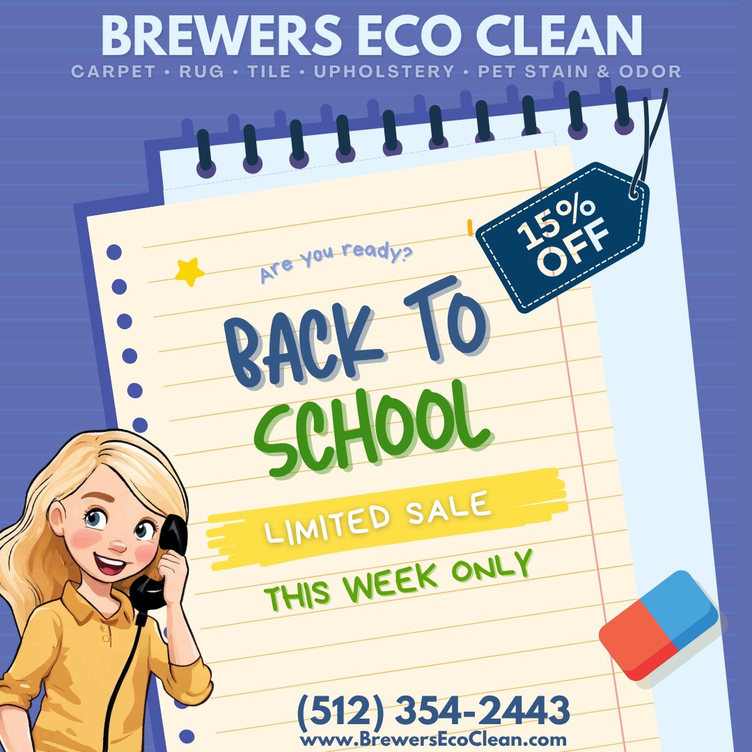 BrewersEcoClean's tweet photo. 📚 Back to school hits fast. A clean home makes everything else feel more manageable. Take 15% OFF for a limited time only and get ahead of it now! #BackToSchool #AustinHomes #BestClean

���� Call now: (512) 354-2443 or visit https://t.co/vfiwV1sfm5 for more info. https://t.co/oYUFy5hk4i