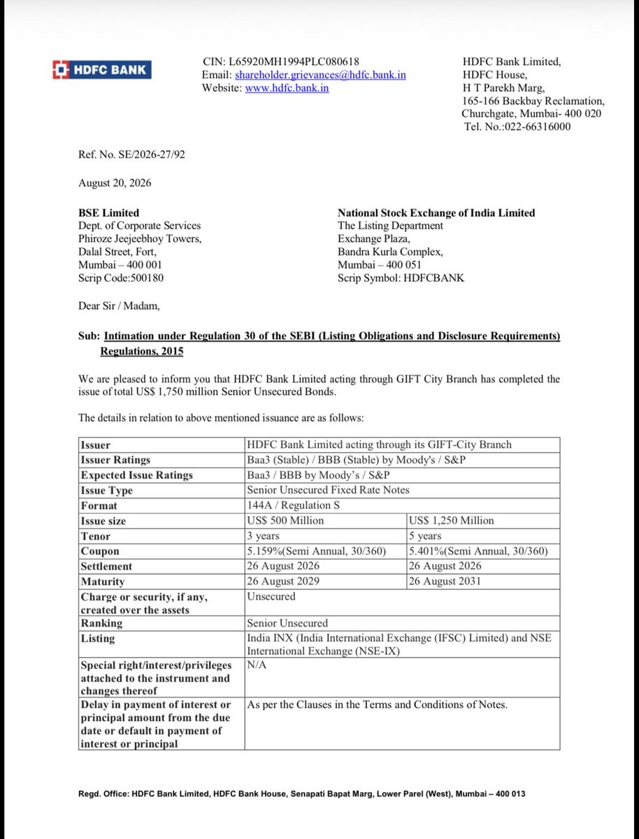 _RituSingh's tweet photo. 🚨 HDFC Bank raises $1.75 bn via overseas bond sale, among the largest by an Indian bank recently and above SBI’s $1.25 bn raise in 2019.

Twin-tranche issue: $500 mn 3-year bonds at 5.159% + $1.25 bn 5-year bonds at 5.401%.

Comes after its recent $750 mn raise. https://t.co/qLl67NWzsi