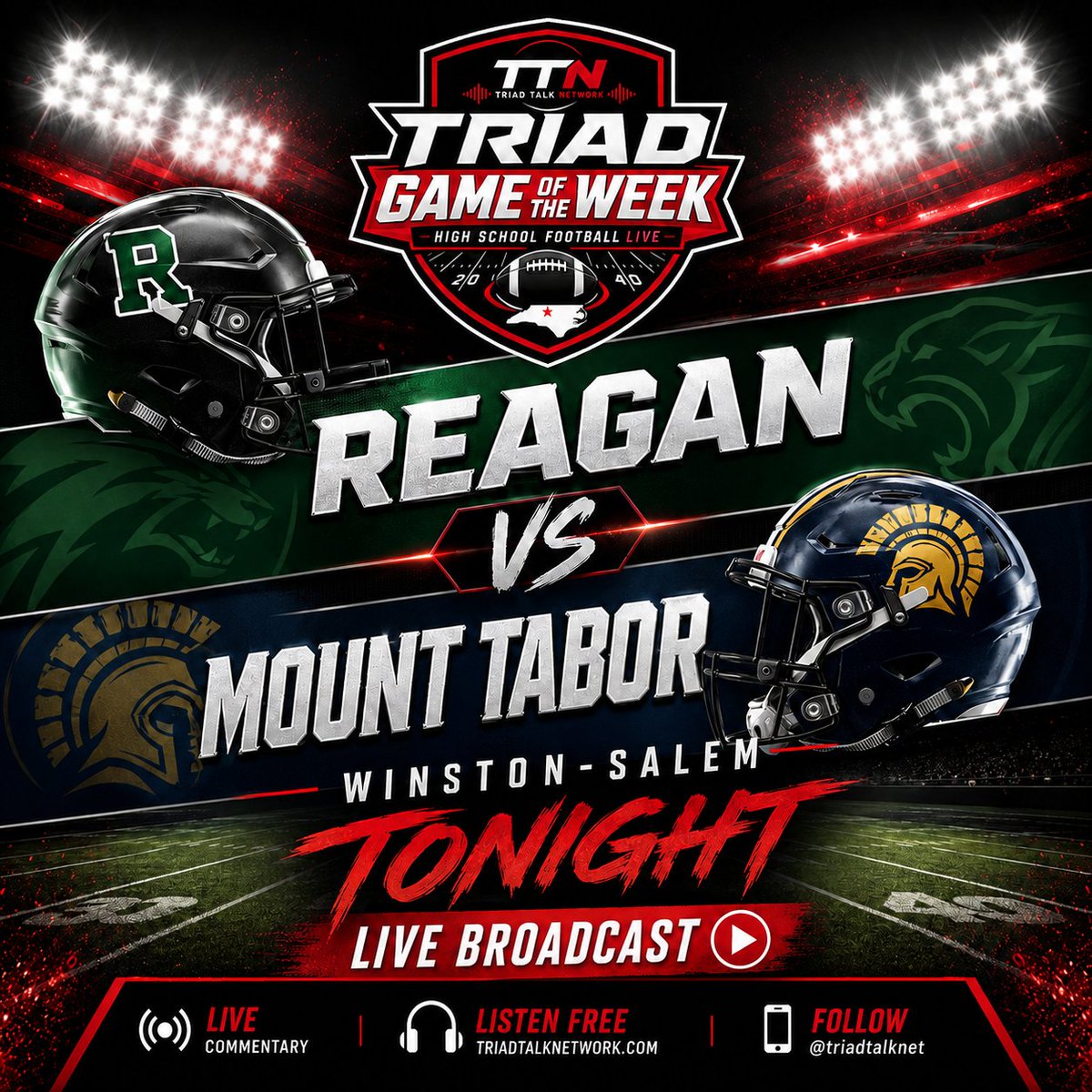 TriadTalkNet's tweet photo. TONIGHT, our HS Football action gets underway! Follow along all season as @DavePolaski &amp; @DrewRBrackett cover these games LIVE. 

LISTEN: https://t.co/o0wtMkmvse https://t.co/HZuqeIiuVJ