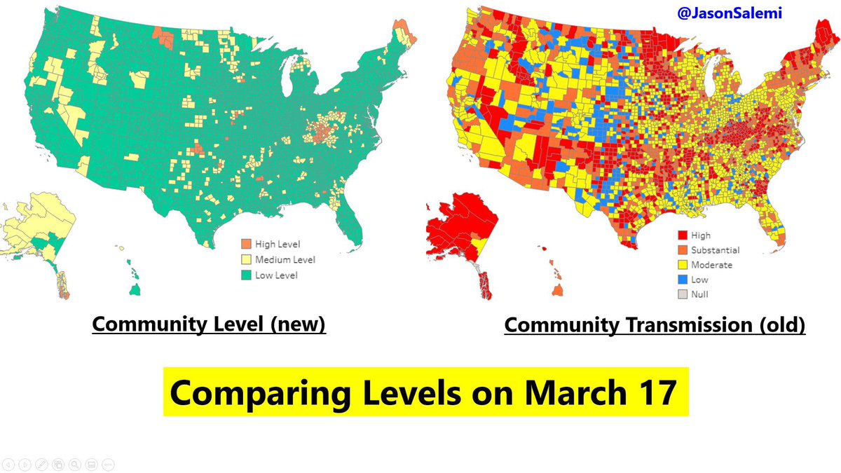 Derek_a_Franks's tweet photo. Reminder that the Biden admin did this exact thing: changed the definition of high C0VlD transmission and the colors of the map with the sole purpose of fraudulently ending the pandemic and making things seem safe when they weren’t. Democrats are just as bad on public health. https://t.co/olew45c5aK
