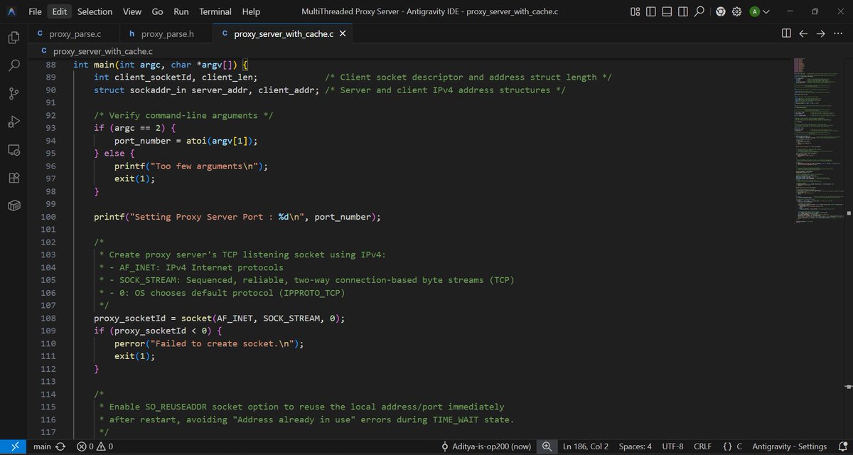 Aditya_codez's tweet photo. #RoadToSDE — Day 22 🚀
Started building a Multi-Threaded HTTP Proxy Server in #C .
Worked with:
• Manual TCP Socket Programming
• POSIX Multithreading
• LRU Cache
• Concurrent Request Handling
Learning Low level #SystemsProgramming by building from scratch #LLD https://t.co/I3NSRclGqQ