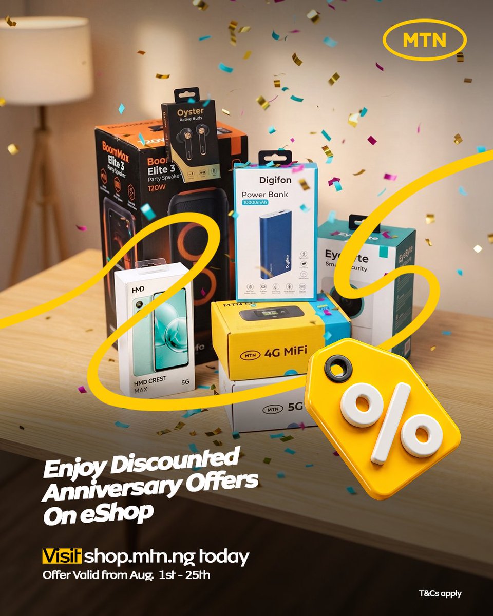 chinazaa14's tweet photo. I’ve been seeing these MTN eShop deals and honestly, it's time to upgrade😂

25% off selected accessories, 20% off MiFi devices, free gifts on ₦25k+ purchases….even free delivery on routers😩🙏🏽

Offer ends August 25th btw https://t.co/AyTz9W5zPF

#MTNAt25 https://t.co/52J6ehGZ6Y