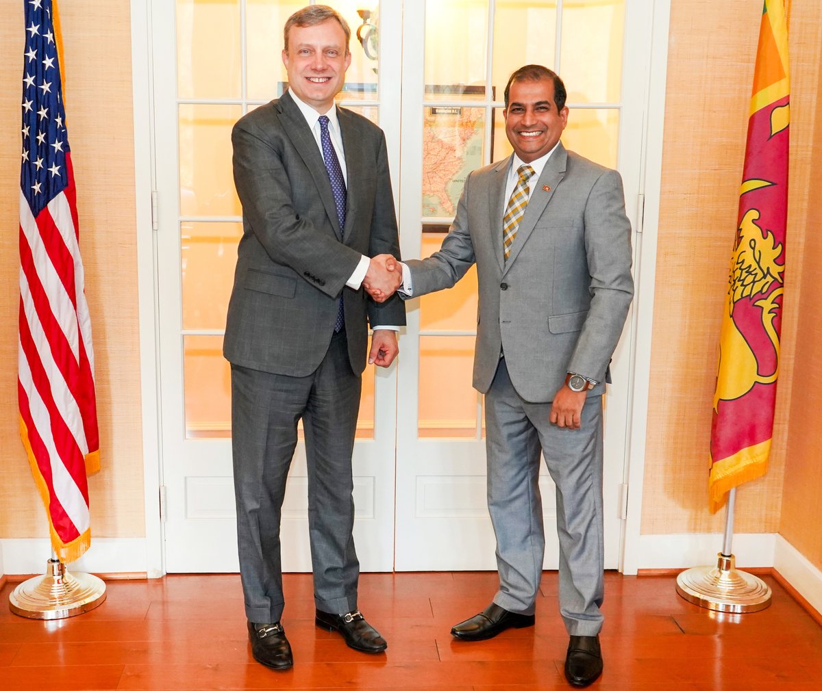 EmbassyofSL's tweet photo. The new United States Ambassador-designate to Sri Lanka, Eric Meyer met the Charge d’ Affaires of the Embassy of Sri Lanka in Washington D.C. on 20 August 2026 at the Embassy, prior to his departure to Sri Lanka. https://t.co/u33q5koUPb