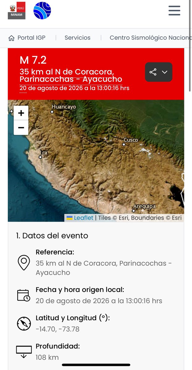 TuiteroSismico's tweet photo. URGENTE  🚨 
TERREMOTO 7.2 EN EL SUR DE PERÚ según instituto sismológico del Perú https://t.co/zBI2GvRC68