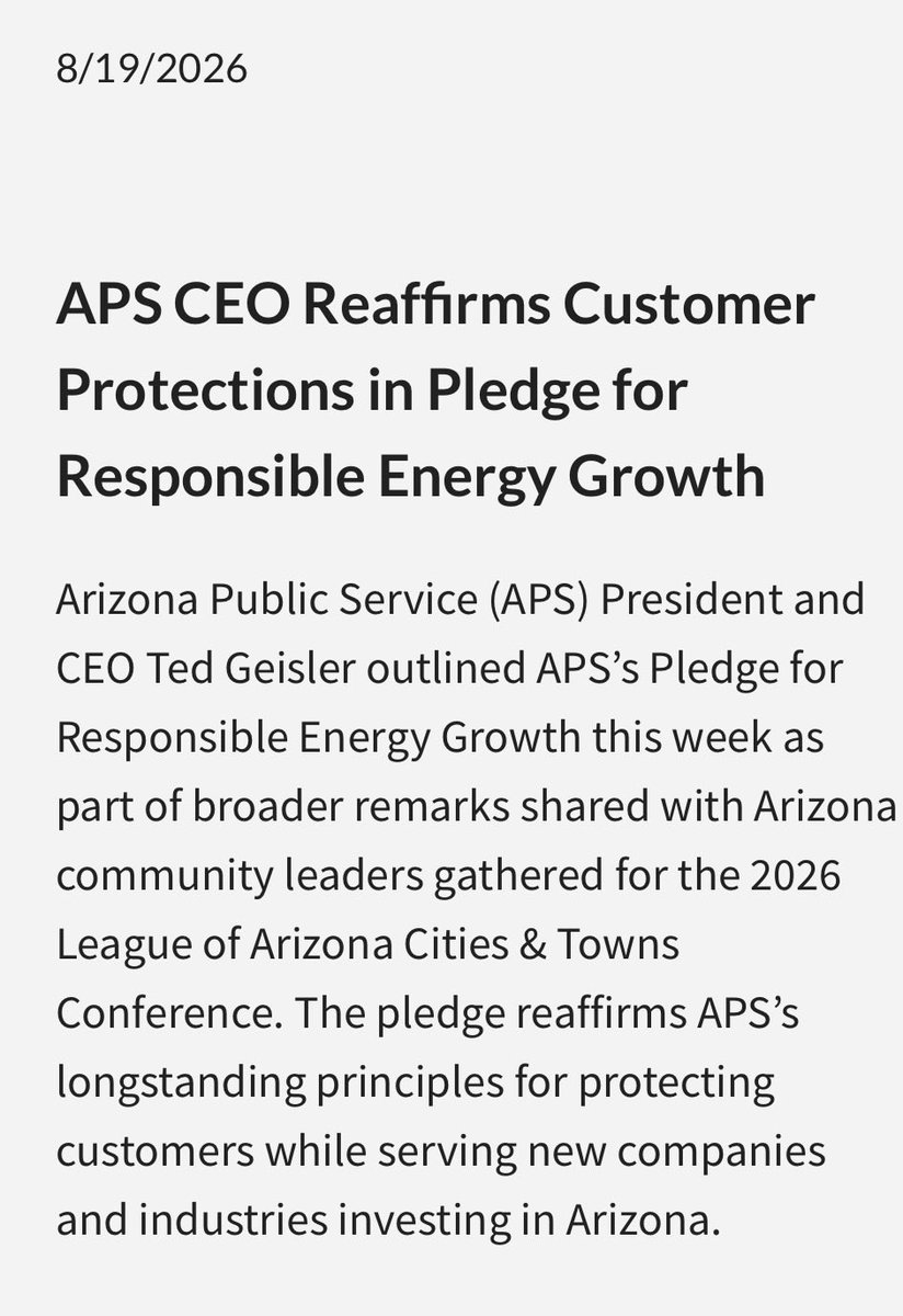 mattligouri04's tweet photo. Yesterday, @APSfyi launched our APS Pledge for Responsible Energy Growth.

In AZ, growth pays for growth. APS has long followed this principle. But w/ a national dialogue underway about the impact of data centers &amp; XL users on the grid, we wanted to reaffirm that commitment. https://t.co/eMjGSpA8U4