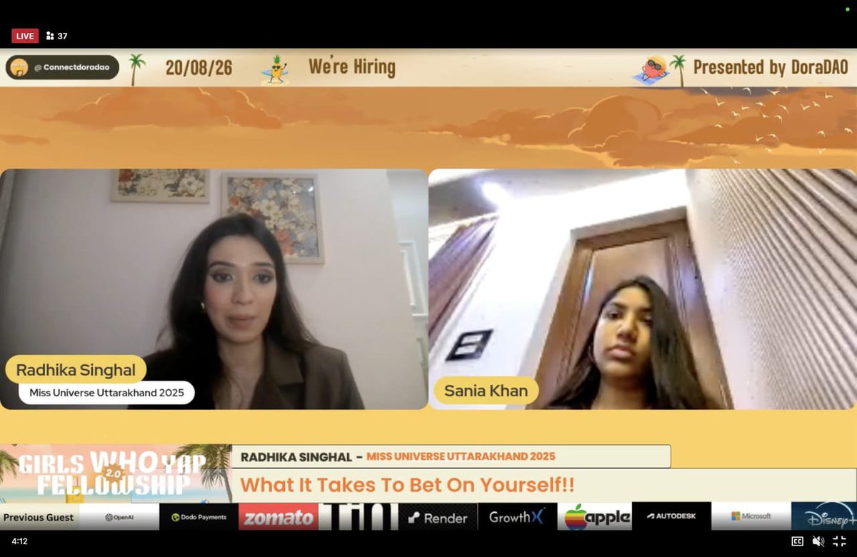 SaloniAwari's tweet photo. Real growth happens when discipline meets authenticity. 💥
Inspiring session with Radhika Singhal via DoraDAO. Her journey in pageantry proves that success comes down to staying focused on your purpose—a lesson I’m taking straight into the DoraHacks hackathon! 🛠️
@connectdoradao https://t.co/wgwdghidyH