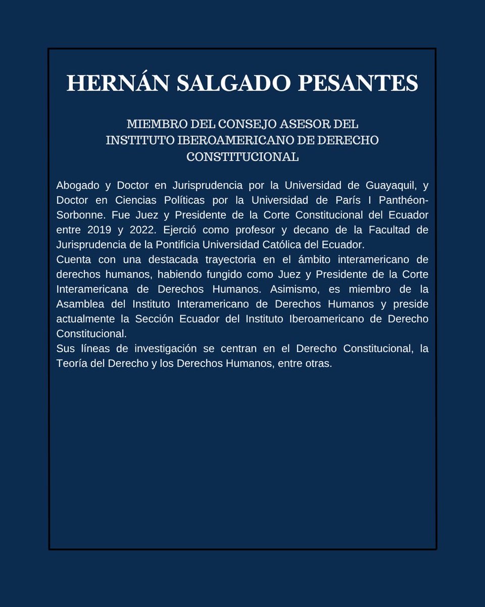 IIDCUNAM's tweet photo. Nos honra presentar al Dr. Hernán Salgado Pesantes como miembro del Consejo Asesor del Instituto Iberoamericano de Derecho Constitucional.

#IIDC #DerechoConstitucional https://t.co/8K3jc7w6Ny