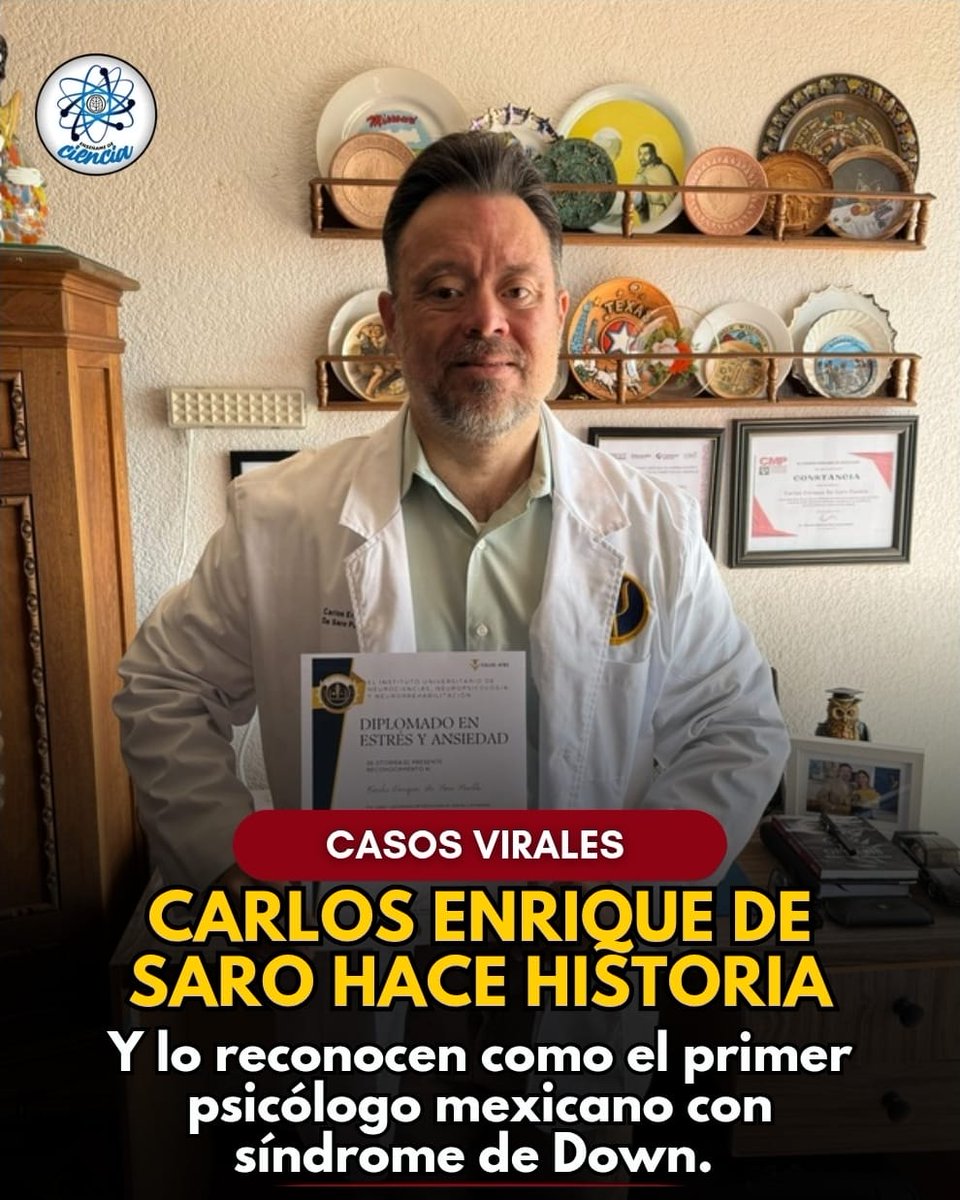 EnsedeCiencia's tweet photo. 🚨 Carlos Enrique de Saro Puebla acaba de marcar un momento histórico al concluir la Licenciatura en Psicología y ser reconocido como el primer psicólogo mexicano con síndrome de Down. El logro fue destacado por el Consejo Mexicano de Psicología.

Su historia no comenzó en las aulas universitarias: durante años se ha desempeñado como escritor, conferencista y docente, convirtiendo su trayectoria en un ejemplo de perseverancia e inclusión.

Ahora, Carlos se prepara para ejercer la Psicología con un enfoque humanista y deja un mensaje contundente: las oportunidades pueden cambiar los límites que la sociedad alguna vez creyó imposibles.