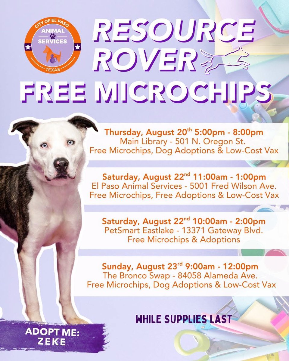ElPasoAnimalSvc's tweet photo. We've still got a few more free microchipping events coming up, and some events will also have free dog adoptions and disocunted vaccines!

Help us spread the word!

For full details on upcoming events, visit our calendar: https://t.co/X6YDnu5tKC https://t.co/103NvFzznA