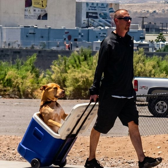 EnsedeCiencia's tweet photo. 🔴 | Un hombre fue fotografiado en Arizona transportando a su perro dentro de una hielera con ruedas para evitar que sus patas tocaran el pavimento durante el intenso calor. 🐶 

Respeto. 🫡 https://t.co/Ksqatp11WP