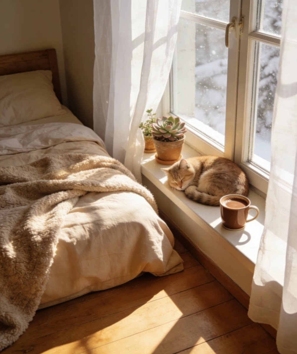 Hamadasolomaaa's tweet photo. Cozy Sunday vibes: making oat milk latte by the window, cat curled up on the knit blanket next to the coffee mug , no plans just soft moments at home.， https://t.co/zCbrDa54I4