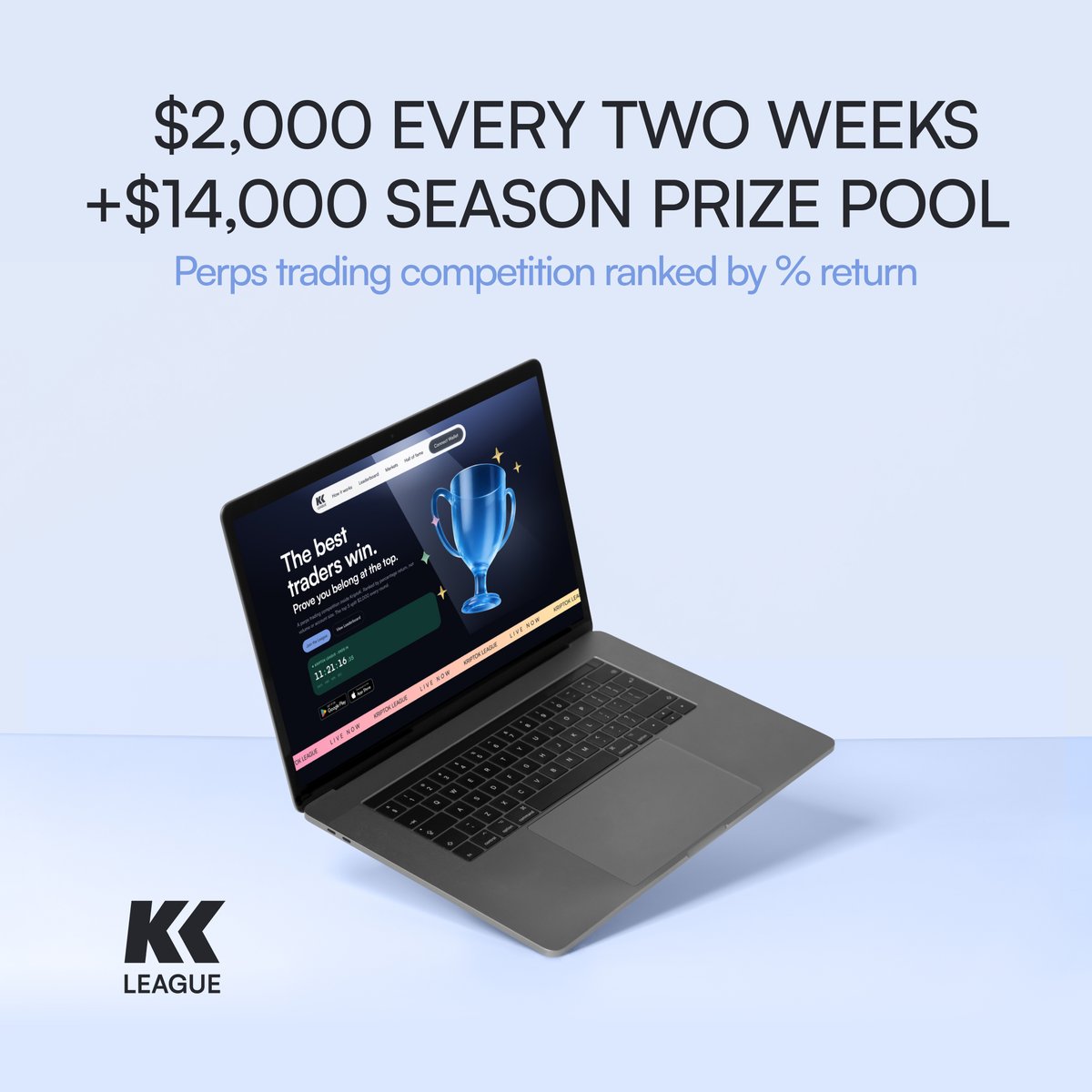 KriptoKGlobal's tweet photo. KriptoK League is a perps competition ranked by % return.

Top 5 split $2,000 every 2 weeks, plus a $14,000 season prize pool.

Qualify with $200+ in your perps account and 2 orders through KriptoK.

Perps trading involves significant risk of loss.