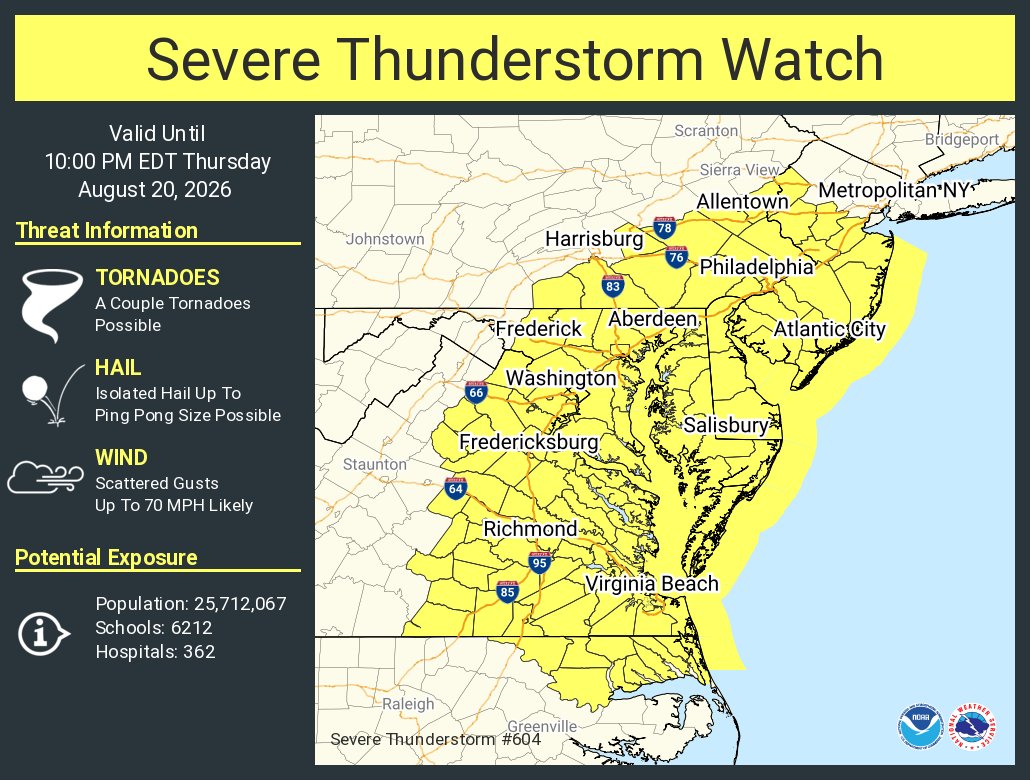 NWSSevereTstorm's tweet photo. A severe thunderstorm watch has been issued for parts of DE, DC, MD, NJ, NC, PA, VA until 10 PM EDT https://t.co/RzLnAHbP3N