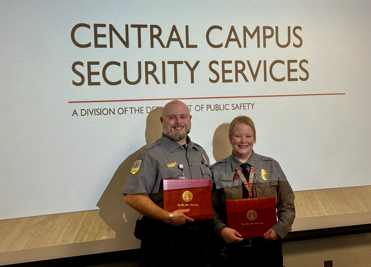 OhioStateAP's tweet photo. Congratulations to Peter Mette and Audrey Wideman for being named Security Supervisor of the Year and Security Officer of the Year respectively at the Central Campus Security Services employee awards. https://t.co/020Xw78KVg