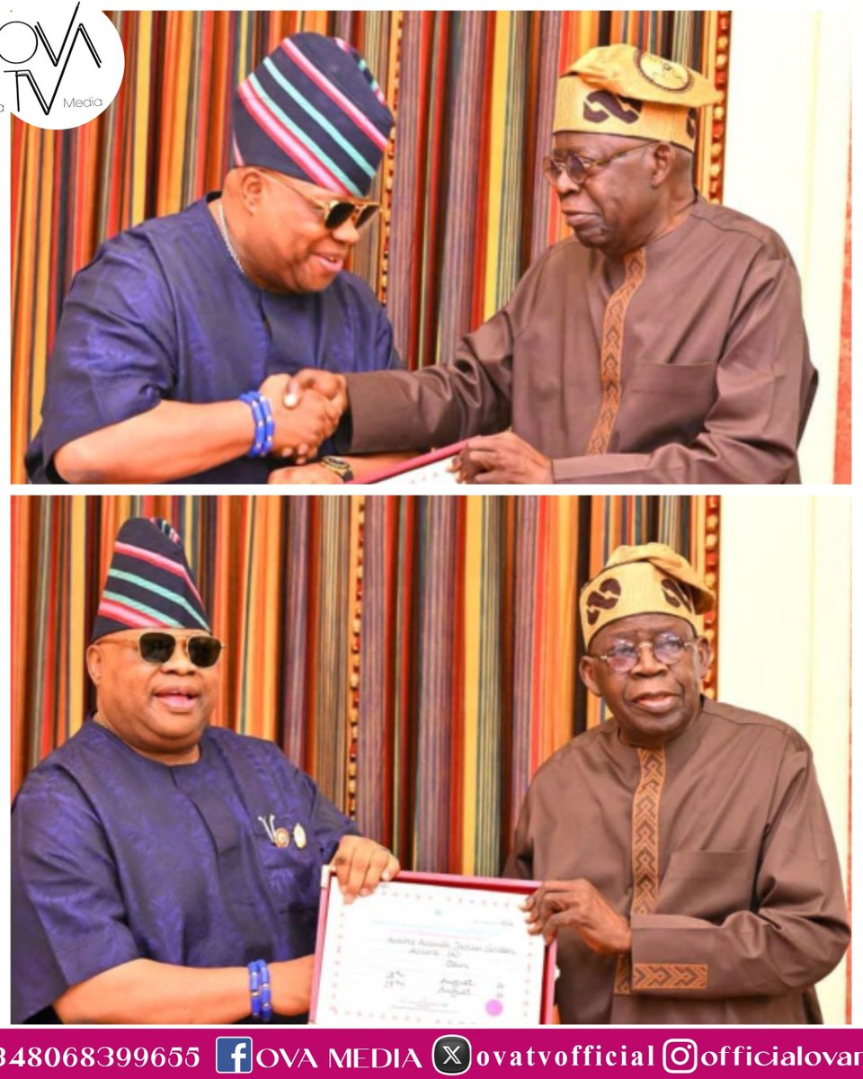 ovatvofficial's tweet photo. Osun State Governor, Ademola Adeleke presents his certificate of return to President Tinubu at State House

Adeleke, who was re-elected on Saturday, August 15, arrived at the State House at about 5:20 pm and proceeded straight to the president’s office for the meeting. https://t.co/R0ItvFgVgb