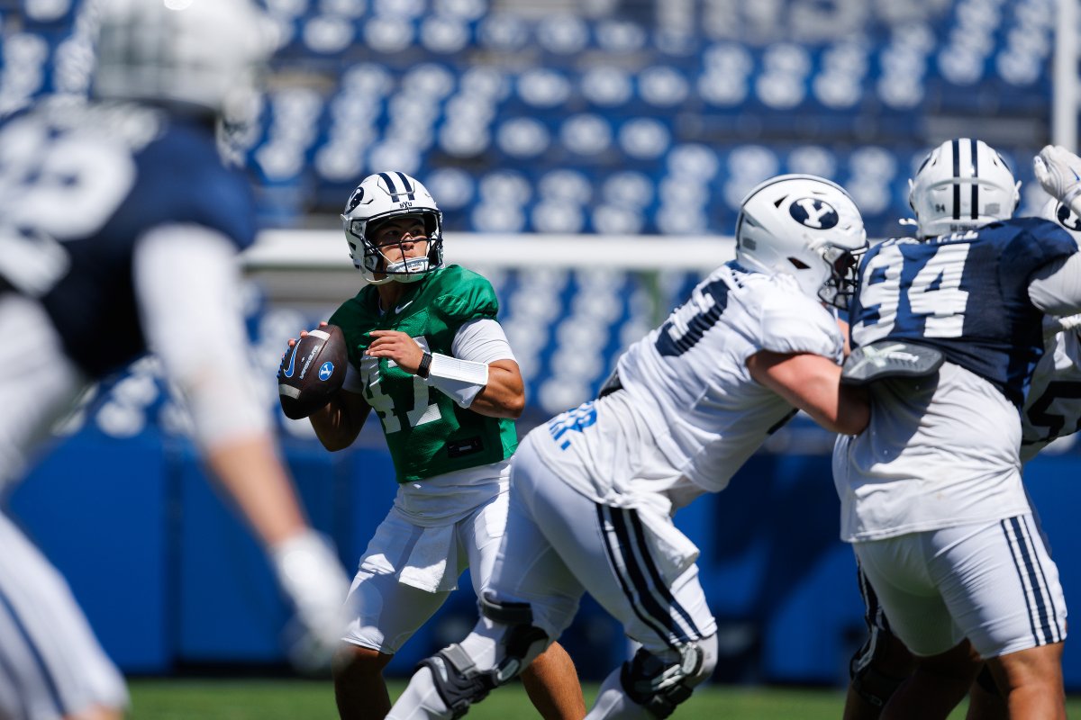 CougSportsMedia's tweet photo. Former BYU & NFL LB Brady Poppinga joined @espnthefan to break down how BYU's offense has bounced back after the defense had them 'out of whack':

Q: How would you describe the offense versus the defense battle going back to spring and through fall thus far? Obviously, the offense won the day on Saturday. How competitive has it been between these two units?

Brady: Well, if you go back to spring, I watch every practice rep with the first team. If I was calling it aesthetically, I thought during spring the offense got us. That had to do with guys like [Cade] Uluave—number four, kind of new. It's spring, guys are still recovering. Glasker wasn't out there. But Bear was still in rhythm. His rhythm from the Georgia Tech game, and the Texas Tech game before he got hurt, carried over. He got into a flow when he knew he had no legs against Georgia Tech, and he's been throwing the ball so well. People underestimate how well he throws because of his size and his ability to run. So I thought the offense got us in spring ball.

Then the first few practices of fall, the defense had our offense really out of whack, really causing problems. For the first two practices, they completed less than 50% of their passes versus our first-team defense. It was rough. The defense was just one step ahead—knocking balls down, batting passes, getting pressure. Finally, about the middle of the last week, the offense started coming back, adapting, and figuring it out. Then they really emerged on Saturday. Today's practice kind of went back to the middle again. It's fun. These two units are really good. They push each other, and you have to earn it on either side when you make plays. But like I said, we don't know what this is all going to look like until we start playing against everybody else.

Full details: https://t.co/9LlqzA3QpI

📸:   @BYUFOOTBALL @BYUphoto