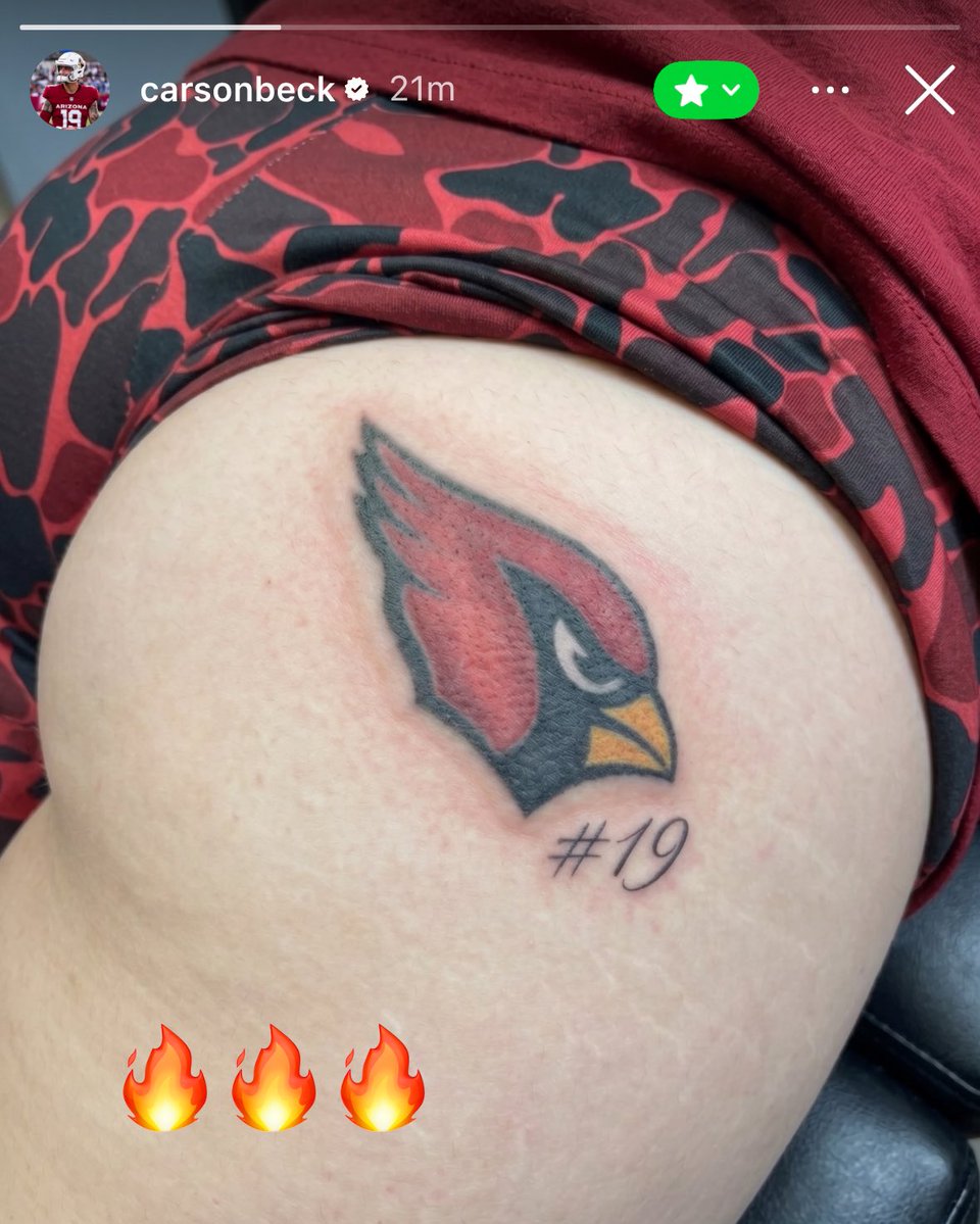TheNFLDrop's tweet photo. QB Carson Beck shows off his new Cardinals tattoo on his close friends IG story 📸 https://t.co/ErYJohnJ5o