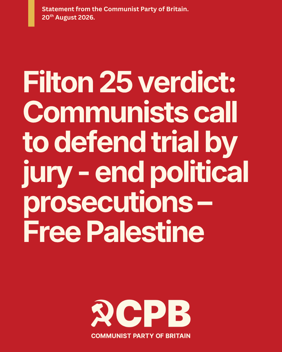 CPBritain's tweet photo. The Filton 25 verdict is a defeat for the state. After 37 hours, the jury was discharged after failing to reach verdicts on 14 of the 15 charges. Only one guilty verdict for criminal damage. The other defendants were not convicted but face uncertainty over a possible retrial.  All spent up to 18 months on remand as terrorist suspects. That is punishment for political solidarity, not justice.  The jury did its duty. That is exactly why Starmer's government wanted to scrap jury trials for protesters. Juries keep refusing to do the state's bidding.  We demand an end to all prosecutions of Palestine activists, a full arms embargo on Israel, and repeal of the anti-protest laws.  The state threw everything at them. The jury threw it back. We stand with both.  #Filton25 #FreePalestine #DefendJuryTrials #ArmsEmbargoNow #StopTheGenocide