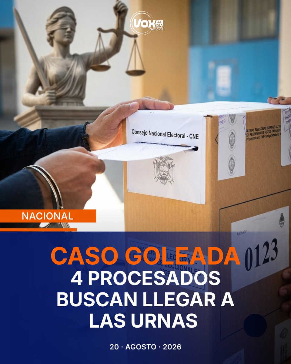 Voxaldia's tweet photo. Cuatro procesados aparecen inscritos como candidatos para las elecciones seccionales de 2026, entre ellos Fiorella Ycaza, esposa de Aquiles Álvarez.

⚖️ Sus candidaturas aún no están en firme, por lo que no tienen automáticamente inmunidad electoral.

#VOXAlDía #Elecciones2026 https://t.co/z5sTnxTdRG