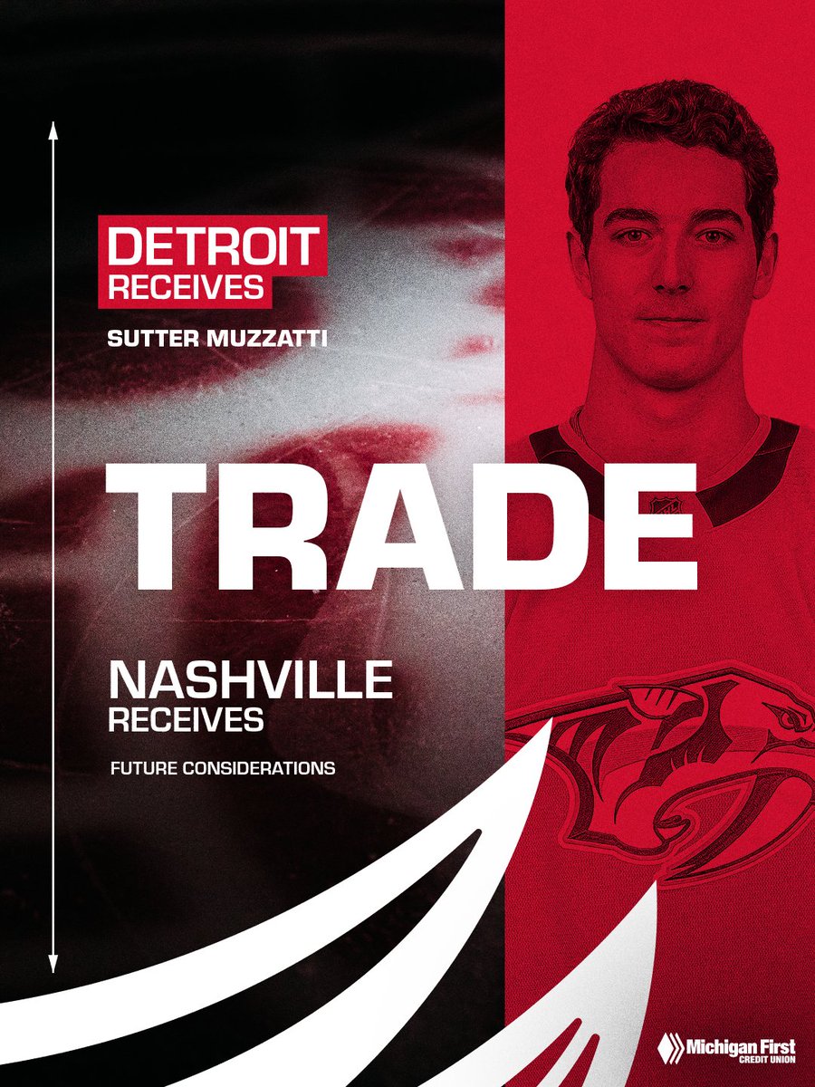 DetroitRedWings's tweet photo. UPDATE: The Detroit #RedWings today acquired forward Sutter Muzzatti from the Nashville Predators in exchange for future considerations.

Additionally, the Red Wings have signed Muzzatti to a two-year, entry-level contract. https://t.co/GAonDwOwvm
