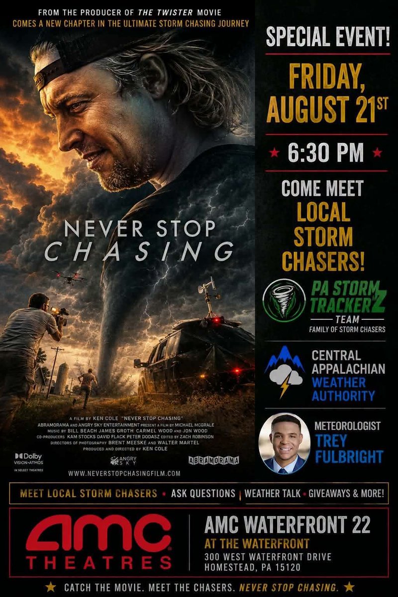 AppalachiaWx's tweet photo. AMC Waterfront Event Friday Evening!!!

If you are planning to see @ReedTimmerUSA 's new film, stop by our table, and chat with us for a bit. We would love to answer any questions you have about weather, storm chasing, or the mission of our organization. The @PAStormTrackerz and @Trey_KDKAWx will also be at the event.