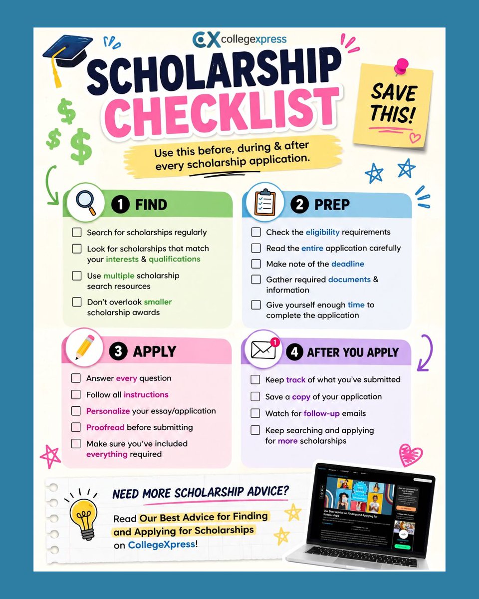 CollegeXpress's tweet photo. Applying for scholarships doesn’t have to feel like a full-time job 😅 Break it down step-by-step and grab that free money for college! Here’s our best advice on where to start 👇 https://t.co/tkNopnmweL https://t.co/Wq94L4eoMm