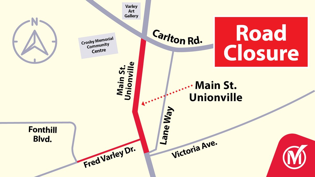 cityofmarkham's tweet photo. Road closure notification.

Please be advised that Main Street Unionville and Fred Varley Drive will be closed for the 9th Annual Markham Jazz Festival, on:
- Saturday, August 22 from 11 AM to 11 PM
- Sunday, August 23 from 11:00 AM to 7:30 PM

Detours will be in place. https://t.co/xg86ijKVgM