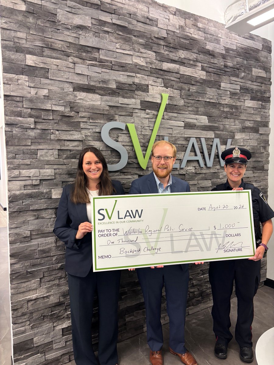 WRPSToday's tweet photo. A huge thank you to SmithValeriote Law Firm LLP for supporting the WRPS Backpack Challenge with a generous $1,000 donation.
 
Community partnerships like this help ensure local students have the tools they need to start the school year ready to learn. Thank you for investing in the success of youth across Waterloo Region.