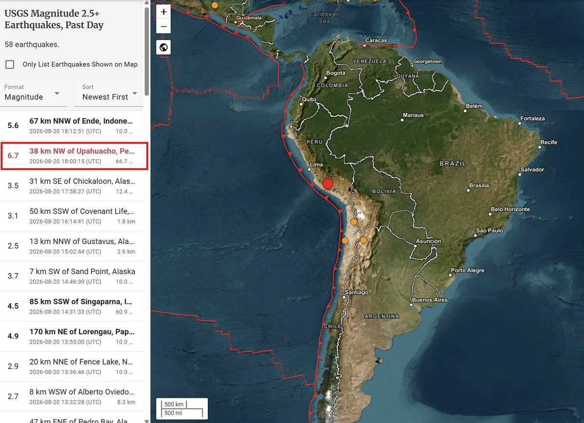 StefanBurnsGeo's tweet photo. BREAKING: A magnitude 6.7 earthquake has ruptured in Peru at a depth of 67 km. This is in the antipodal zone of the M6.9 that struck Indonesia on the 15th and of similar magnitude. Once I saw the 8.1 m-flare I was expecting we'd see some bigger EQ activity today, and here it is. https://t.co/Zn44tbugLi