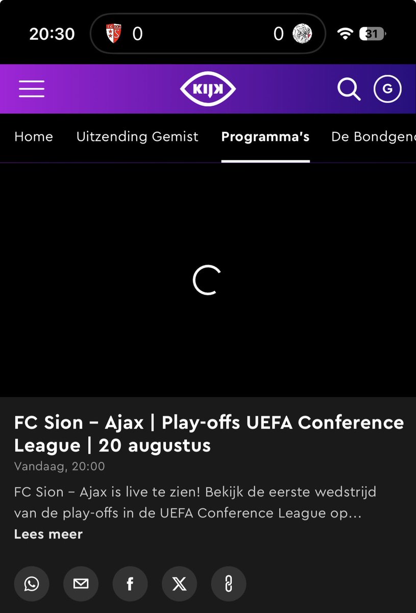 GavinCoeleveld's tweet photo. @kijk 
Wat een schandalige vertoning. 20.15u begonnen en nog steeds geen beeld
#ajax #kijk https://t.co/LcdM8RqQsQ