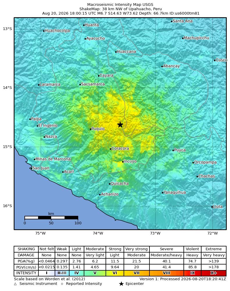 USGS ShakeMap showing intensity levels from the August 20, 2026 earthquake in Peru