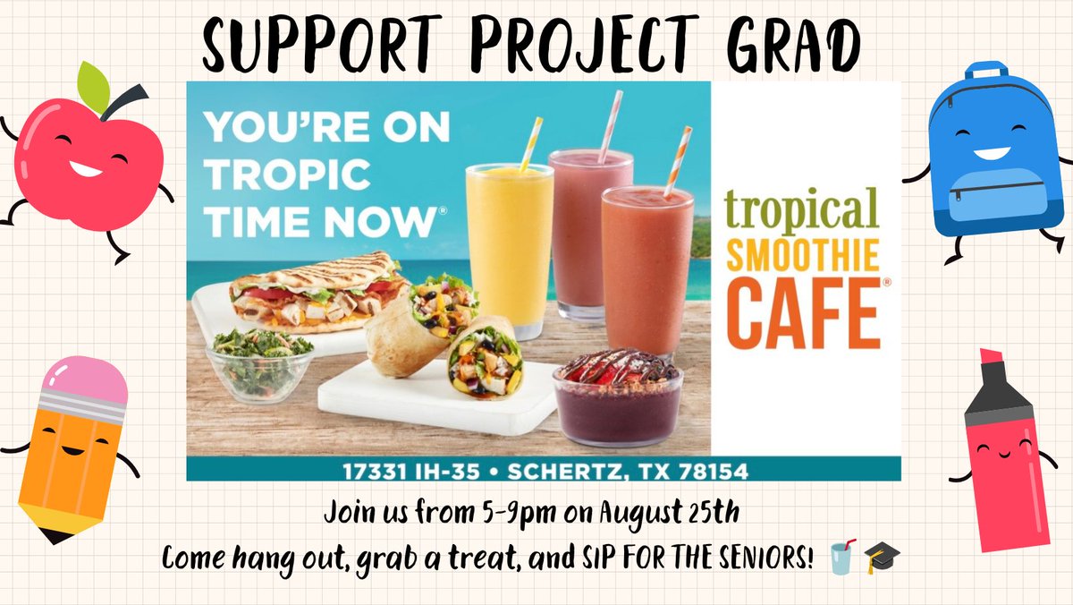 SCHSPG's tweet photo. 🌴🥤 SIP FOR THE SENIORS! 🎓💙💛 Join us Aug. 25, 5–9 PM at Tropical Smoothie Cafe! Grab a treat &amp; mention Samuel Clemens Project Graduation. Every sip helps! 🦬🔥 #ProjectGraduation2027 #Buffs https://t.co/J65Ch1EWh9