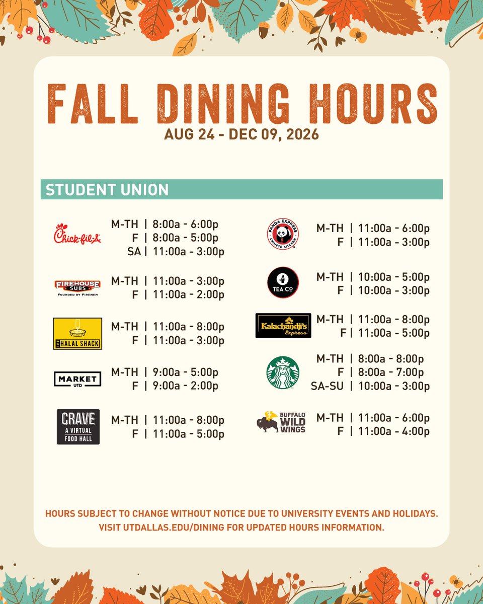 UTDallasDining's tweet photo. Comets, here are your fall dining hours! 🕐🍴 https://t.co/F5CJNNvFVt