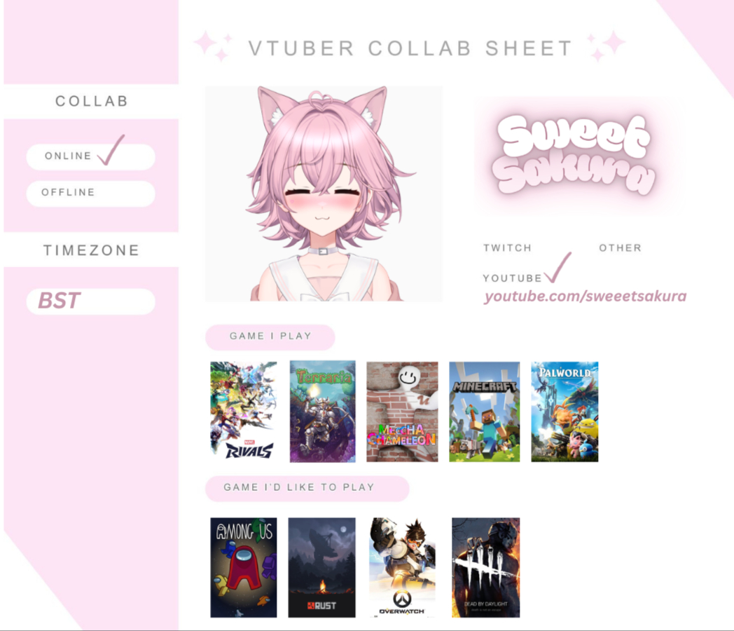 sweetsakuraVT's tweet photo. Hallo...! I made a collab sheet if anyone wanted to maybe become friends and collab at some point... :3
#ENVtuber #Collab https://t.co/73byzdEa2j