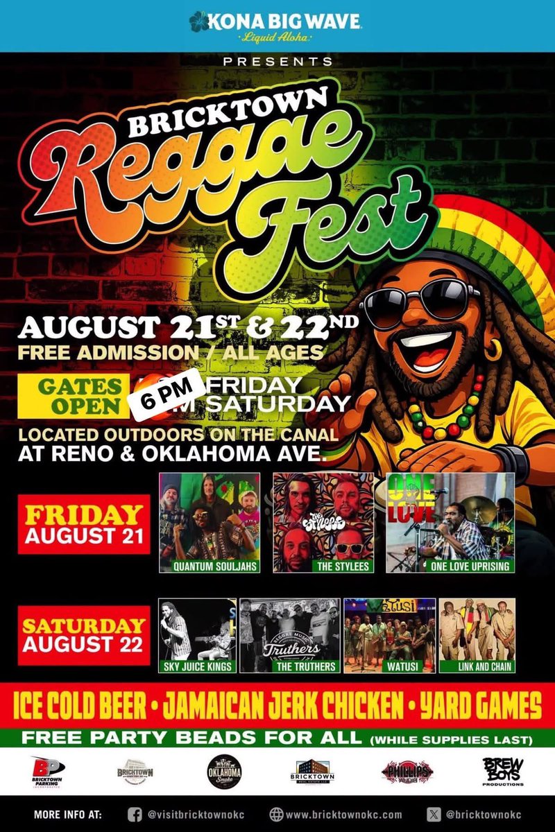BricktownOKC's tweet photo. 1 More Sleep OKC! ❤️ KONA BIG WAVE presents Bricktown Reggaefest 2026! Gates open at 6:00PM both days. Free Entry. All Ages. Cold Drinks. Jerk Chicken. Island Vibes. 🏝️ https://t.co/4dgSvwKvfb
