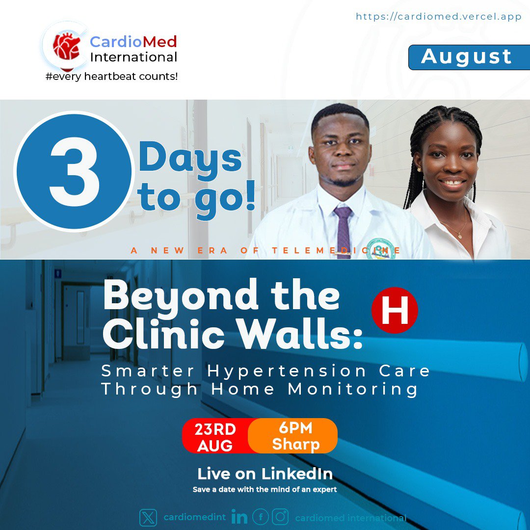 SafoJoshua's tweet photo. It's getting closer and closer... 3 days more 🥳🥳🎊

Beyond the Clinic Walls ✨

The New era of smart Hypertension care is almost here. 
Don't be left out ✊

📅: Sunday, 23rd August, 2026
🕕: 6:00pm (GMT)
📍: Live on LinkedIn 

https://t.co/uboeYYJ4q4

#CardioMedInternational https://t.co/tmitKaXKJ5