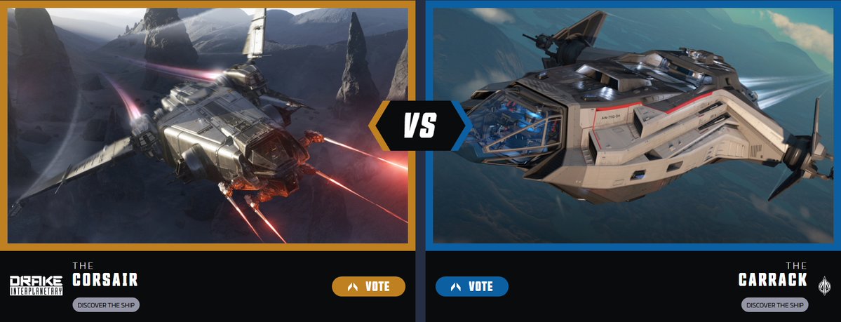 FuRiACC's tweet photo. Pues ya tenemos disponible la votación de hoy, la Campeona Drake Crosair contra la Bicampeona Anvil Carrack, en lo que pinta a ser el primer duelo reñido del Showdown. @RobertsSpaceInd #StarCitizen https://t.co/D5SAboWots