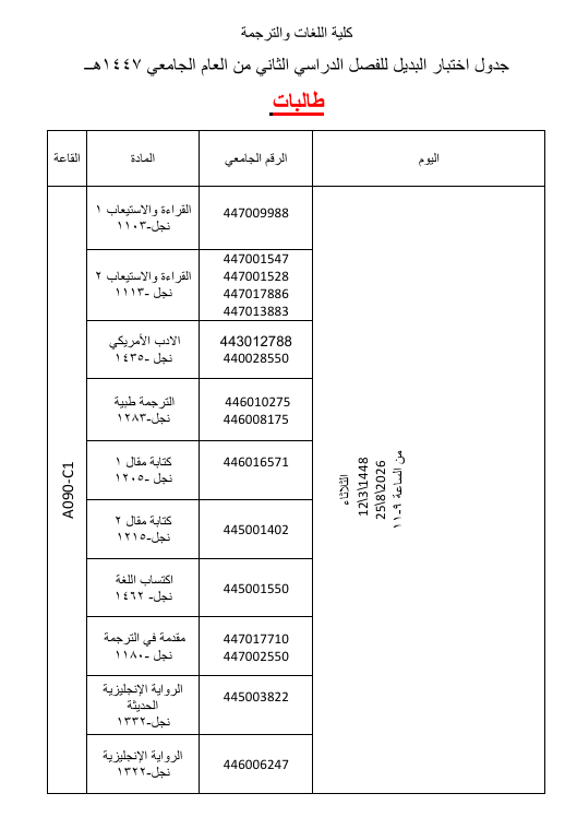 Imamclt's tweet photo. 📍إعلان للطالبات
#كلية_اللغات_والترجمة
جدول اختبار البديل للفصل الدراسي الثاني من العام الجامعي 1447هــ https://t.co/2u4jAPMH1m