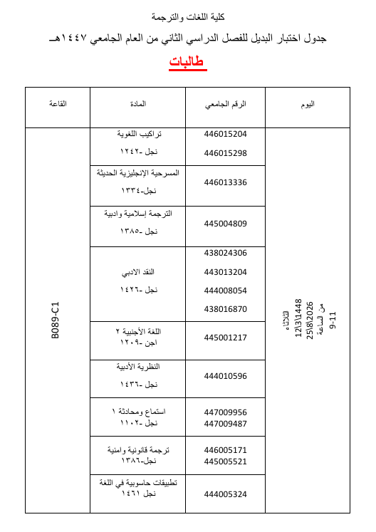 Imamclt's tweet photo. 📍إعلان للطالبات
#كلية_اللغات_والترجمة
جدول اختبار البديل للفصل الدراسي الثاني من العام الجامعي 1447هــ https://t.co/2u4jAPMH1m