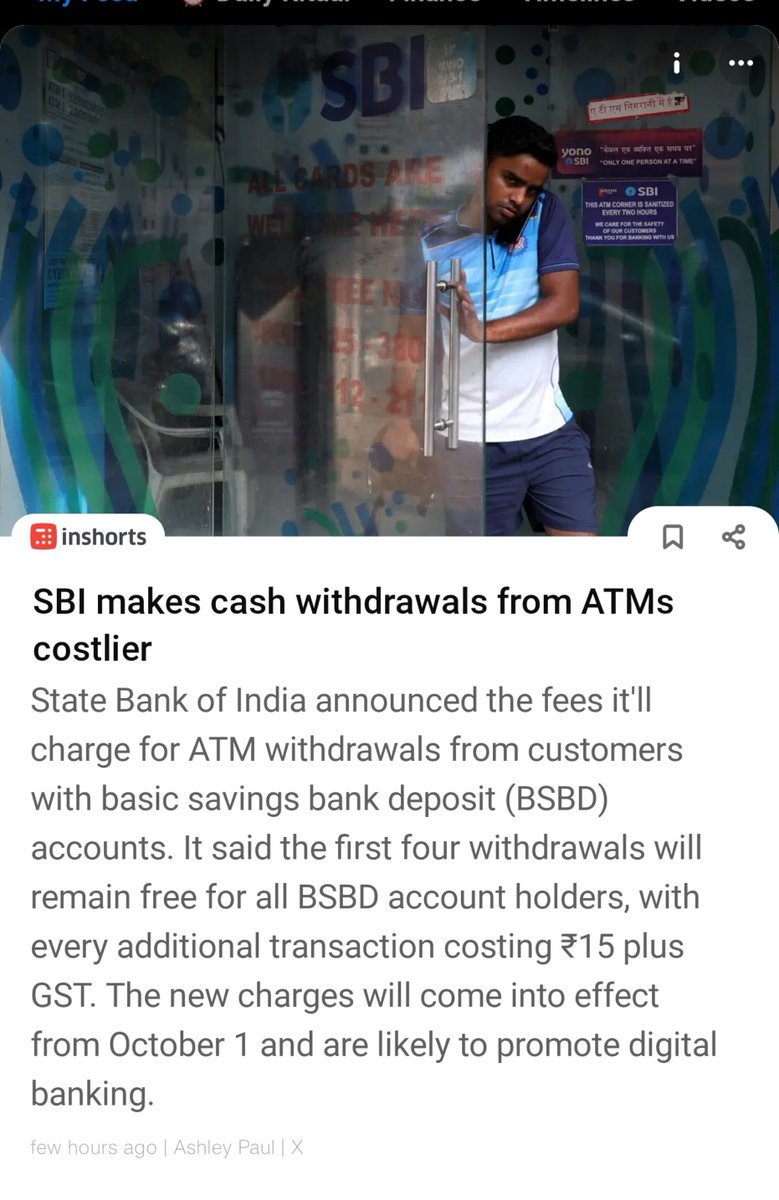 iequanimous's tweet photo. Banks charging us to take out our own money.
SBI from 1 Oct: BSBD accounts get only 4 free cash withdrawals a month. Beyond that — ₹15 + GST every time.
Official reason? “Encourage digital.”
The common man’s hard-earned cash just got another silent cut. https://t.co/x3iOyshNUq