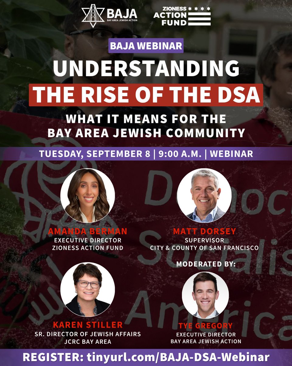 BAjewishaction's tweet photo. What does the growing influence of the Democratic Socialists of America (DSA) mean for the Bay Area Jewish community?

Join us on Tuesday, Sep 8 for an educational webinar to learn more!

🔗 REGISTER: https://t.co/PmlGrT1TKT https://t.co/p1DBpKzDcD